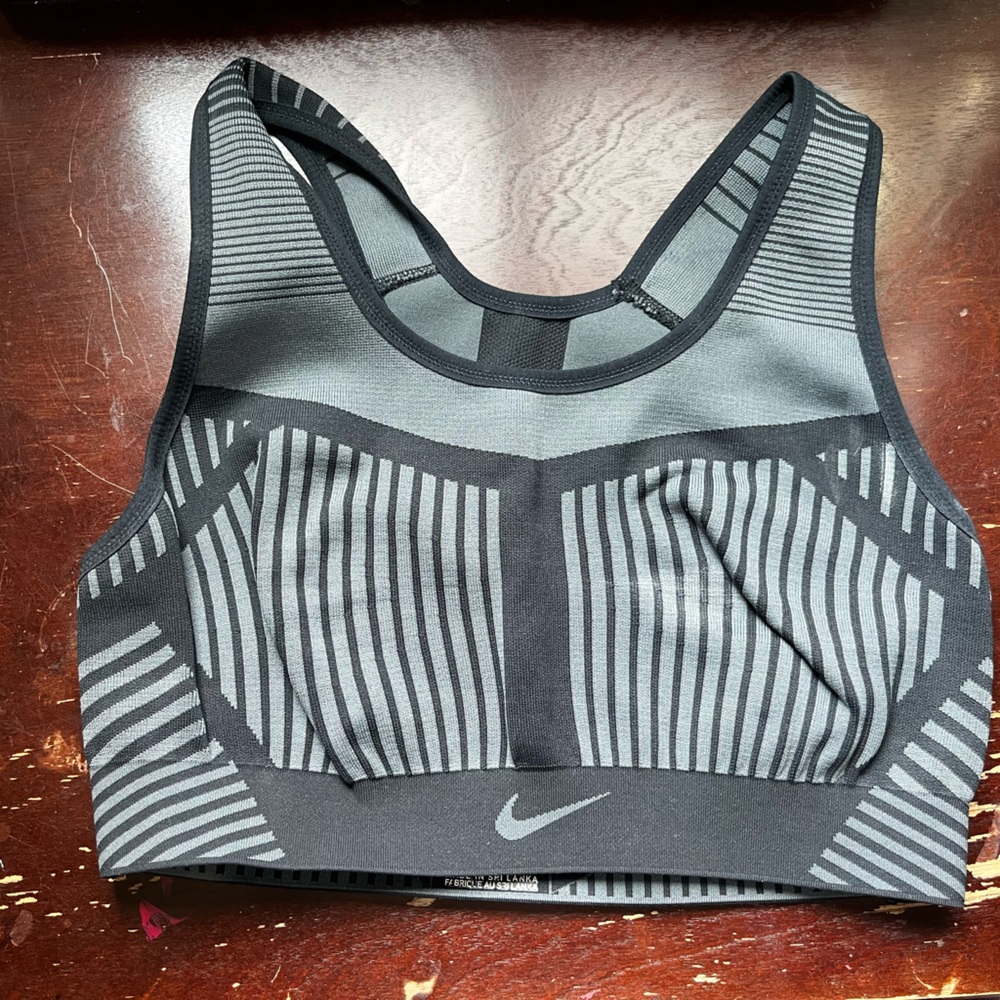 Nike Black and Gray Striped Sports Bra